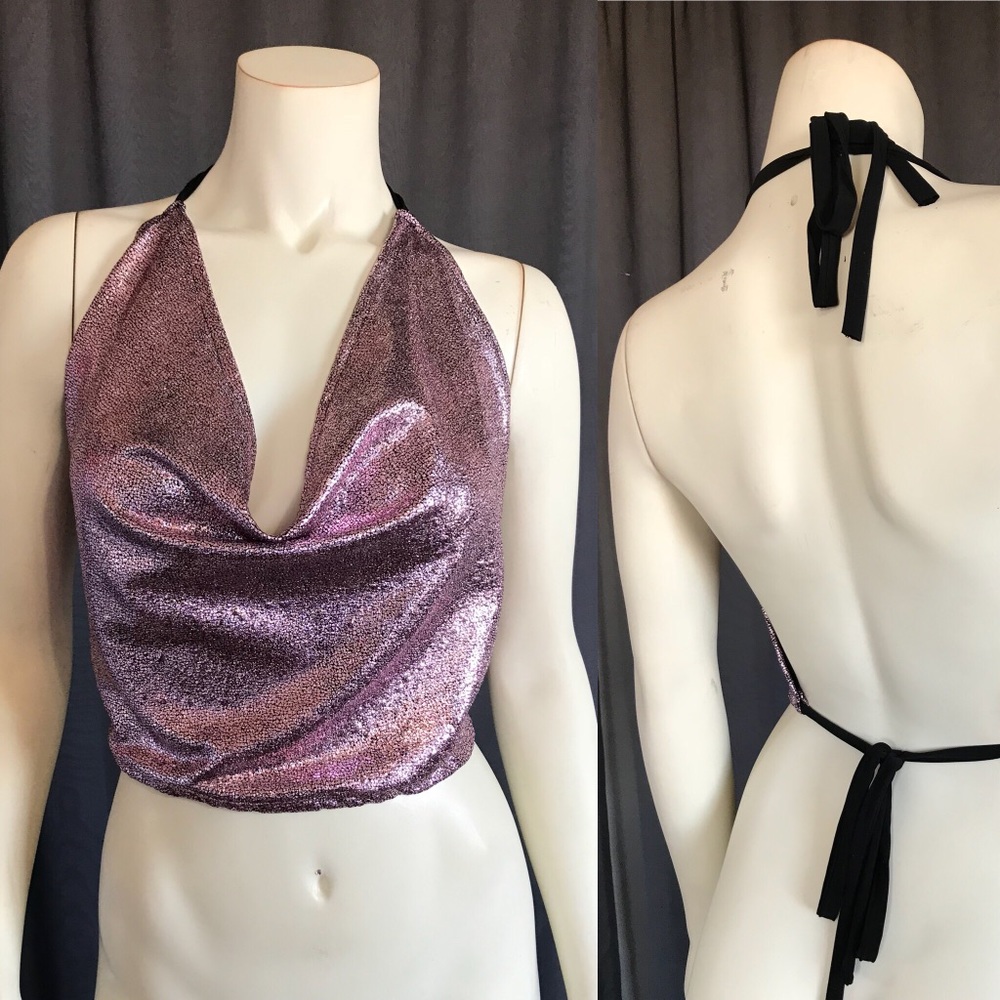Pink metallic drape front halter top
